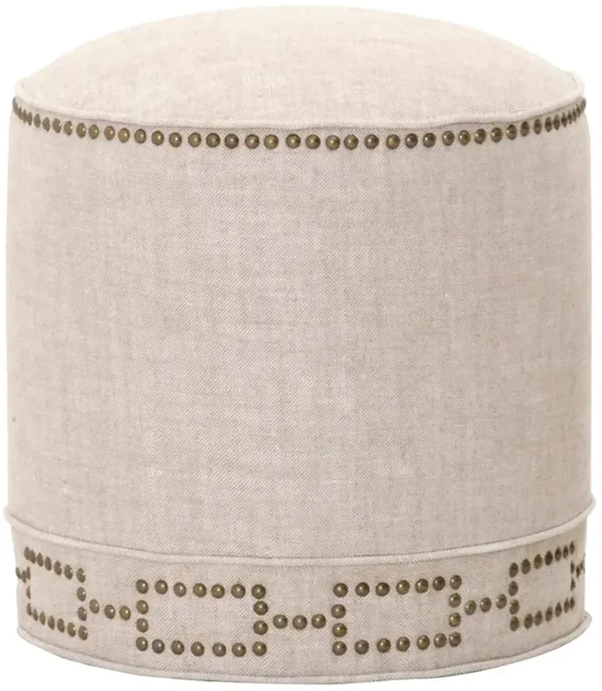 Mario Modern Classic Cream Linen Upholstered Gold Nailhead Trim Round Ottoman