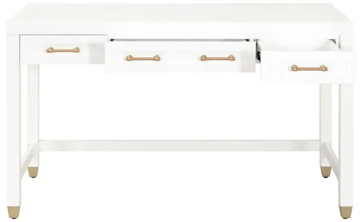 Stacy Modern Classic Matte White Wood 3 Drawer Brass Accent Desk