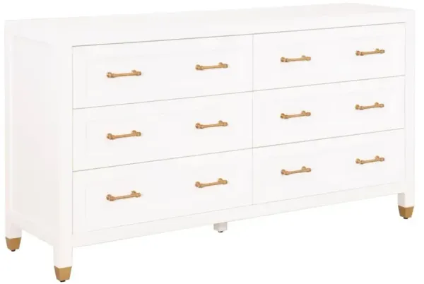 Stacy Modern Classic White Brass Accent 6 Drawer Double Dresser