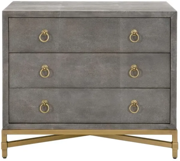 Simon Modern Grey Faux Shagreen Resin Brushed Gold Metal 3 Drawer Nightstand