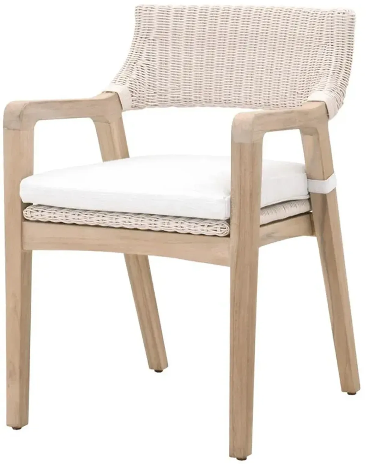 Lucile Coastal Beach White Cushion Woven Wicker Grey Teak Outdoor Dining Arm Chair