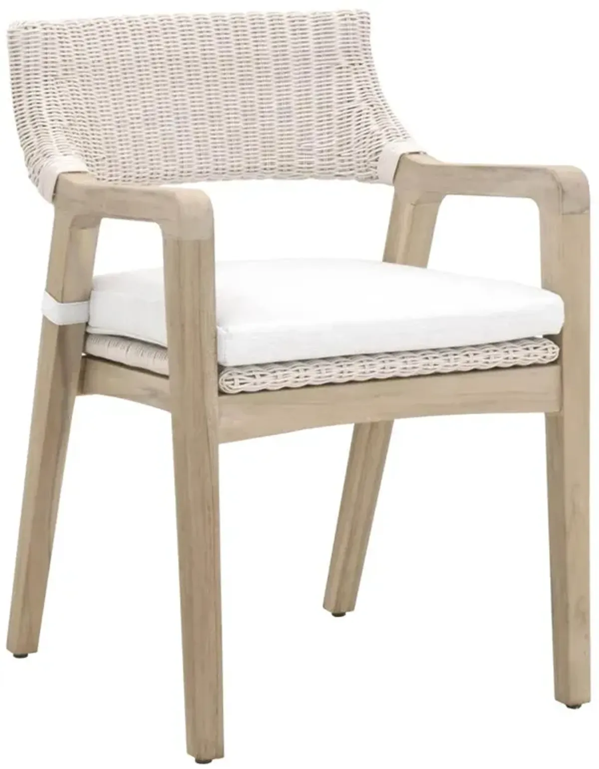 Lucile Coastal Beach White Cushion Woven Wicker Grey Teak Outdoor Dining Arm Chair