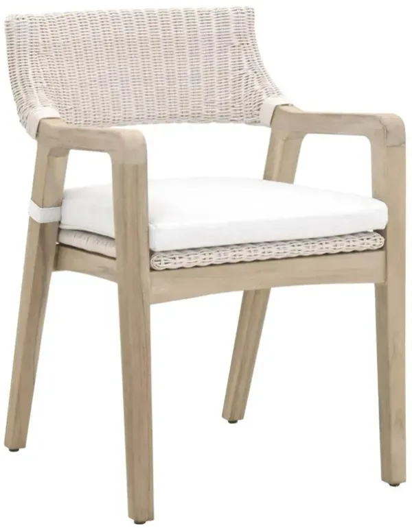 Lucile Coastal Beach White Cushion Woven Wicker Grey Teak Outdoor Dining Arm Chair