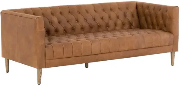 Walter Light Brown Upholstered Leather Natural Wood Tufted Sofa - Small - 75"W