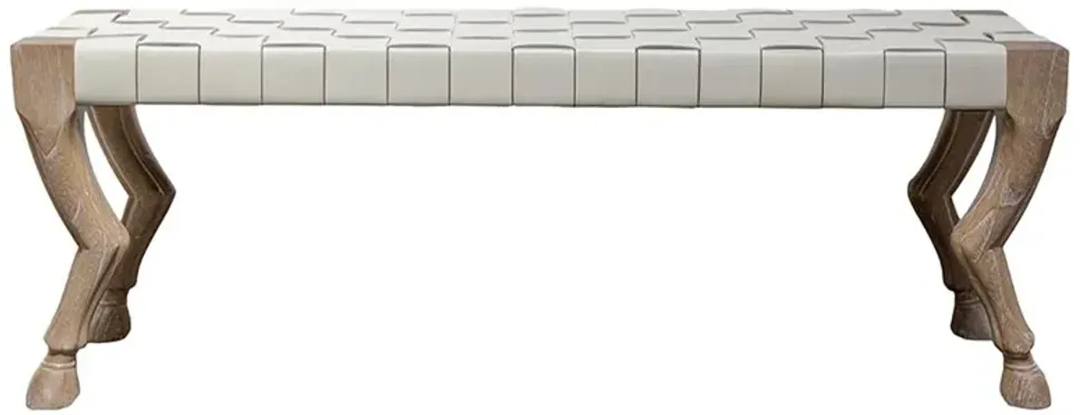 Flicka Modern Classic White Woven Leather Wood Hoof Leg Bench - 48"