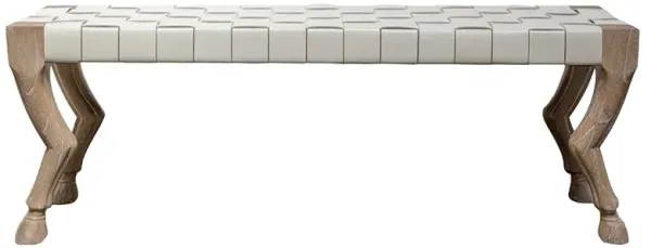 Flicka Modern Classic White Woven Leather Wood Hoof Leg Bench - 60"