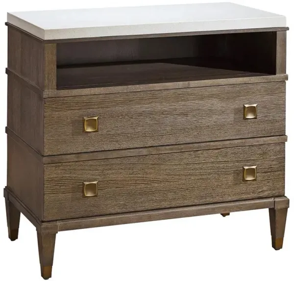 Norman Modern Classic Ivory Stone Top Brown Wood Nightstand