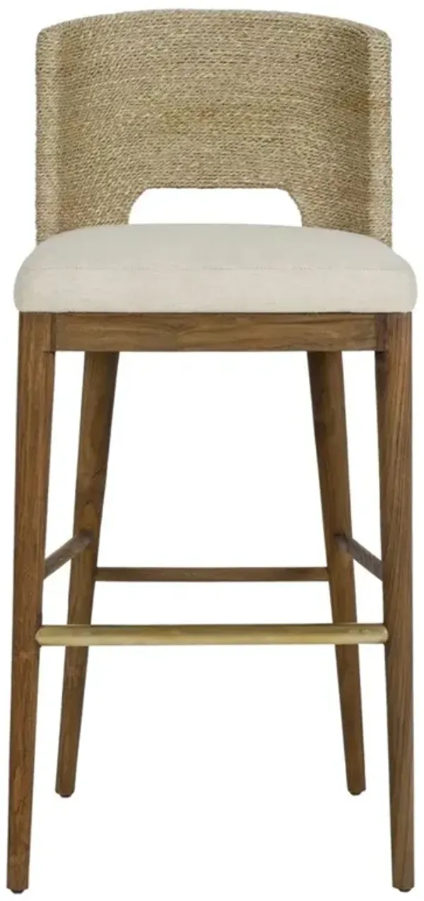 Adelyn Coastal Brown Teak Handwoven Seagrass Back Grey Performance Counter Stool