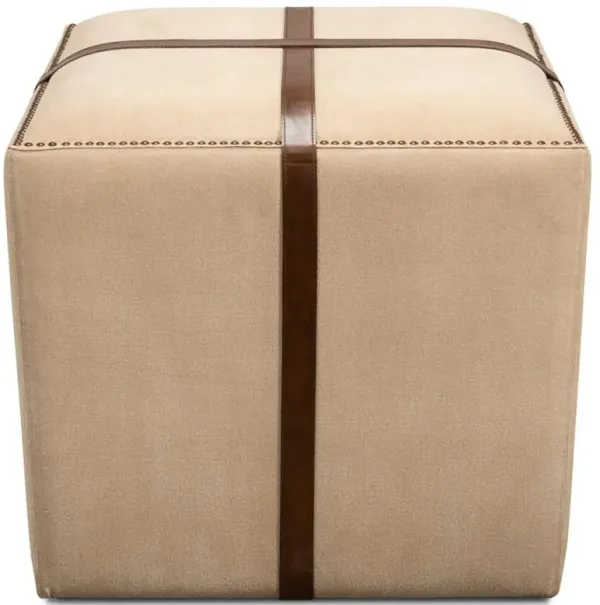 Stetson French Country Beige Upholstered Brown Leather Strap Nailhead Trim Stool