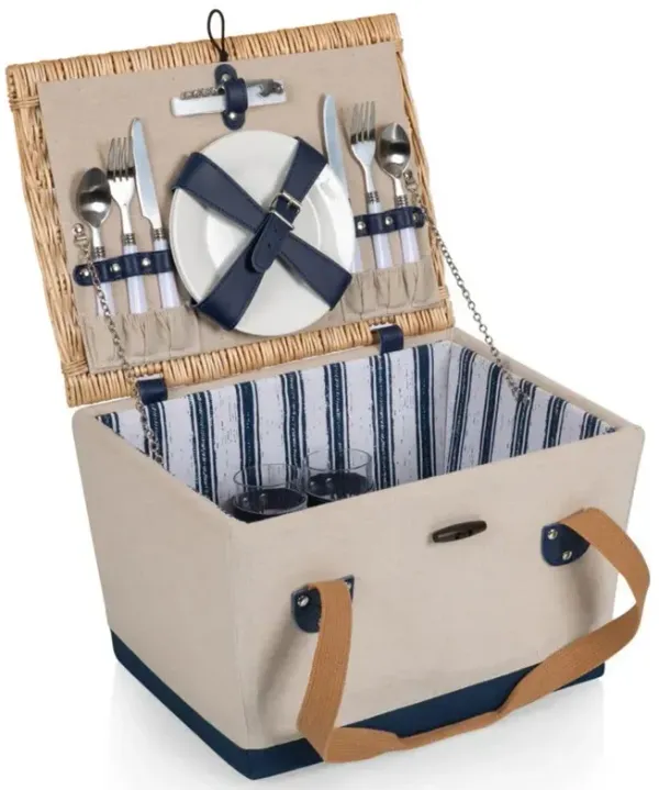 Callie Coastal Beige Canvas Willow Picnic Basket with Serveware for 2