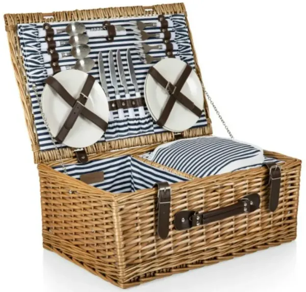 Sandra Coastal Brown Handwoven Willow Picnic Basket with Serveware for 4