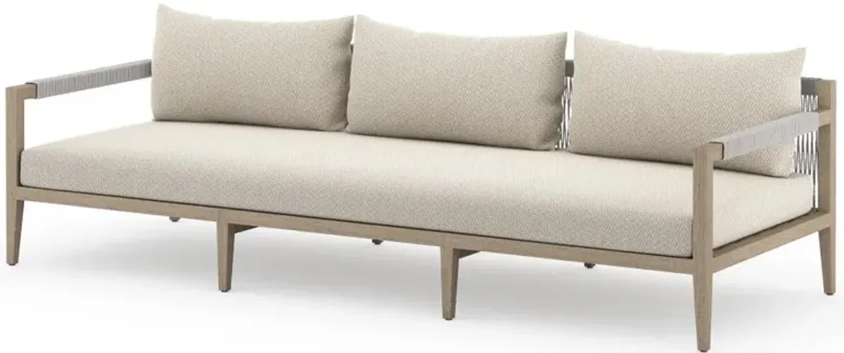 Cheryl Rustic Lodge Beige Upholstered Natural Teak Outdoor Sofa - Large - 93"W