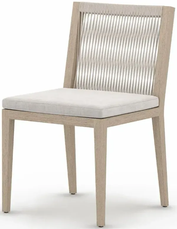 Cheryl Modern Light Grey Cushion Woven Natural Teak Wood Outdoor Dining Side Chair