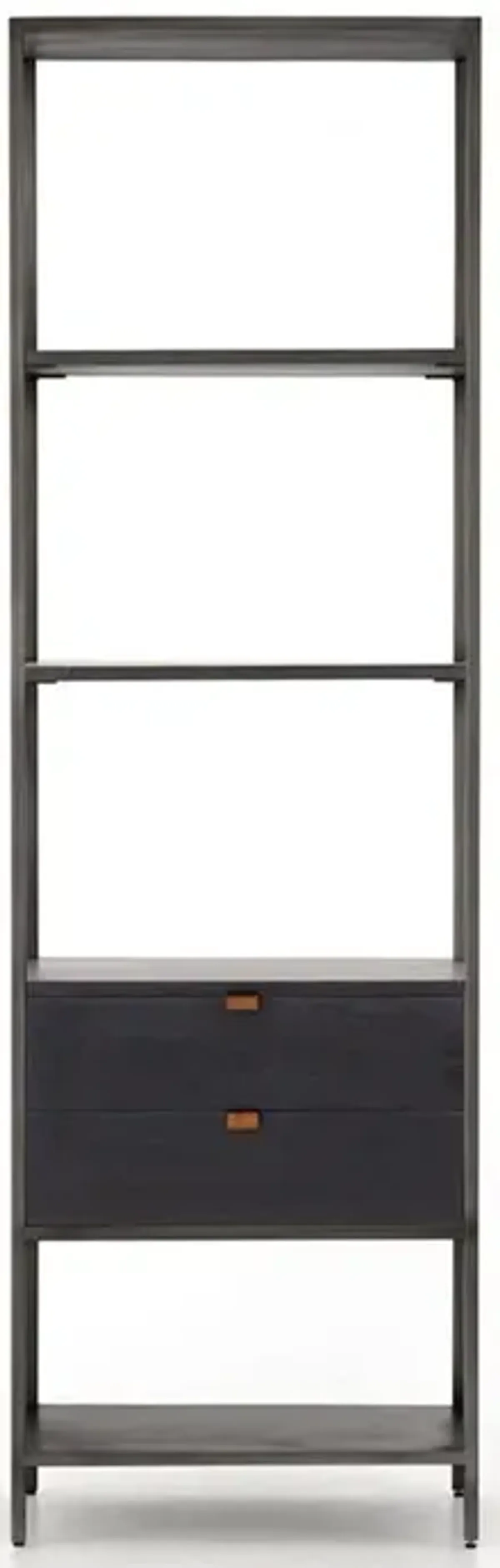 Theodore Industrial Loft Black Wood Grey Iron Frame 2 Drawer Display Bookcase