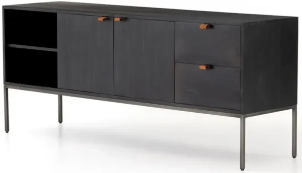 Theodore Industrial Black Wood Grey Iron 2 Drawer 2 Door Media Cabinet - 69"W