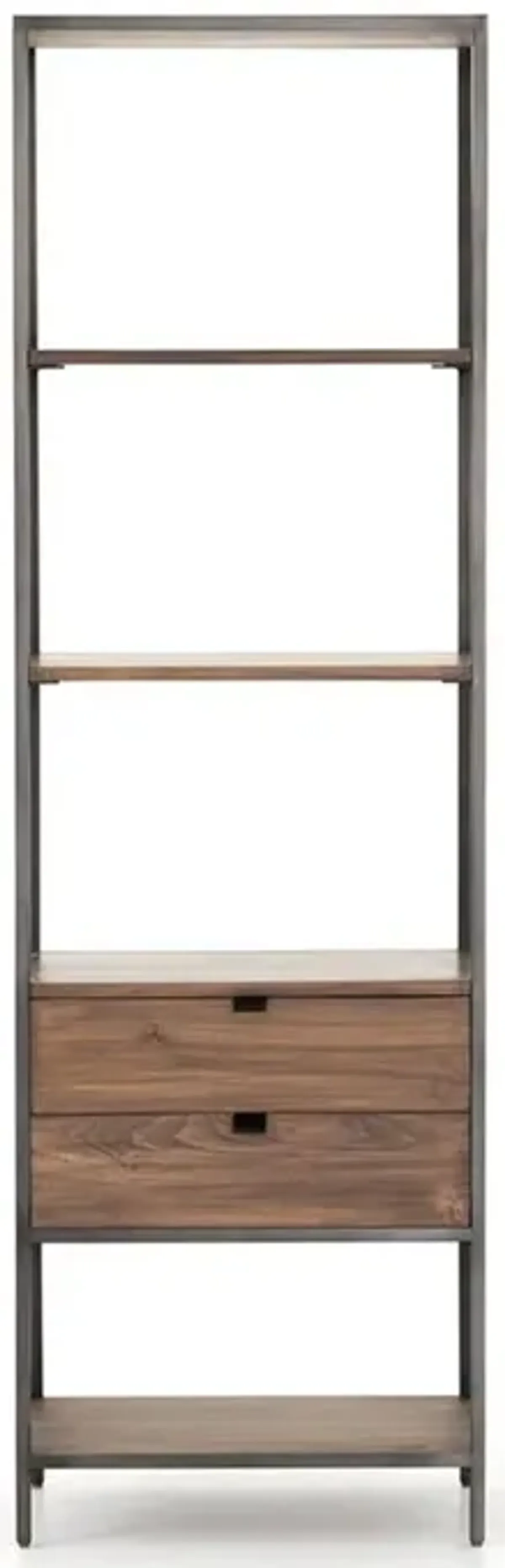 Theodore Industrial Loft Brown Wood Grey Iron Frame 2 Drawer Display Bookcase