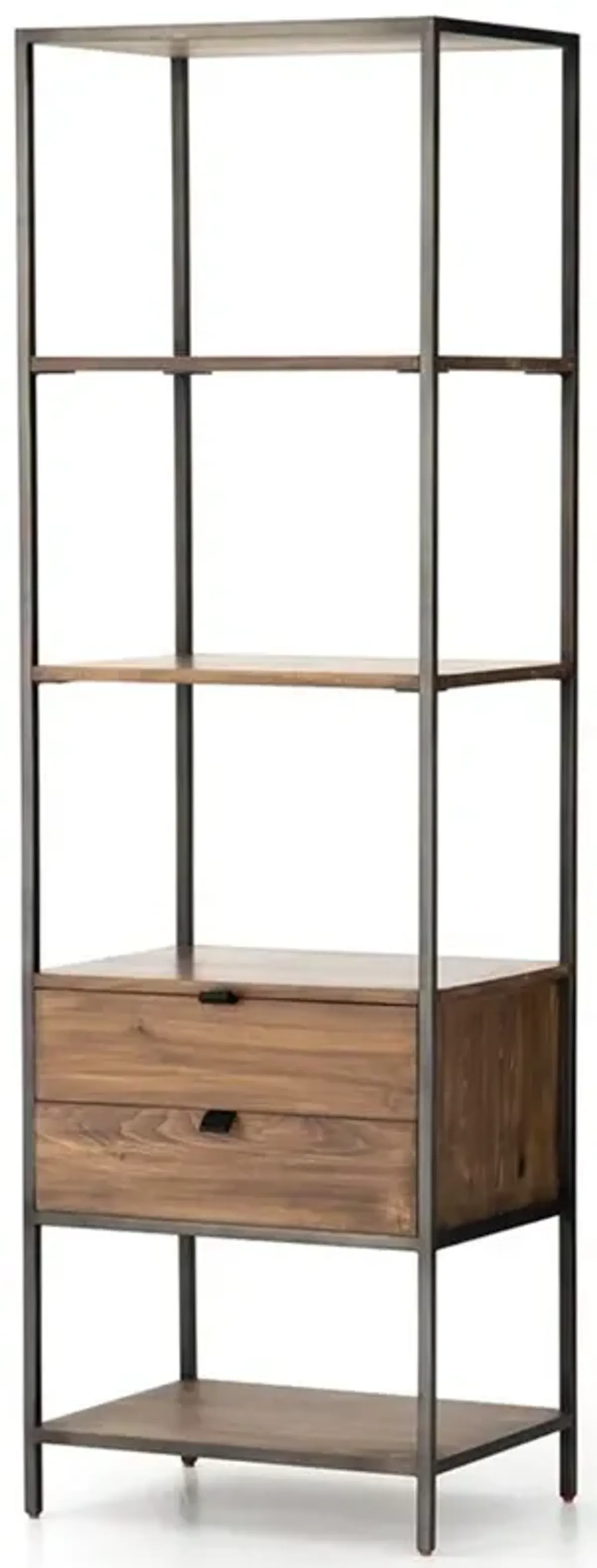 Theodore Industrial Loft Brown Wood Grey Iron Frame 2 Drawer Display Bookcase