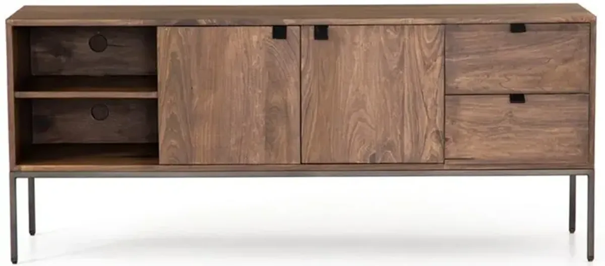 Theodore Industrial Brown Wood Grey Iron 2 Drawer 2 Door Media Cabinet - 69"W
