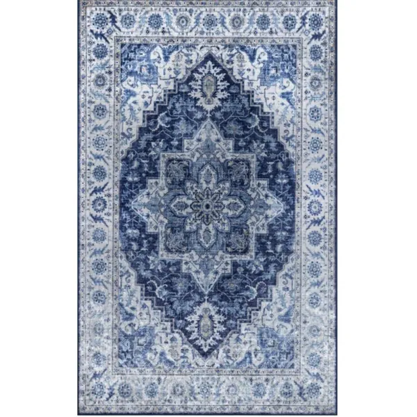 Coen French Country Navy Blue Medallion Patterned Rug - 2'x3'