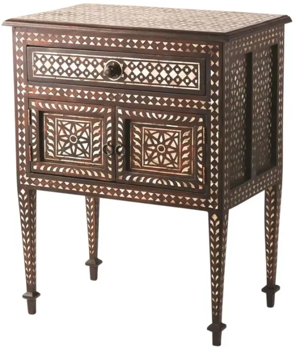 Chandi Modern Classic Brown Teak Wood Mother of Pearl Inlay Nightstand