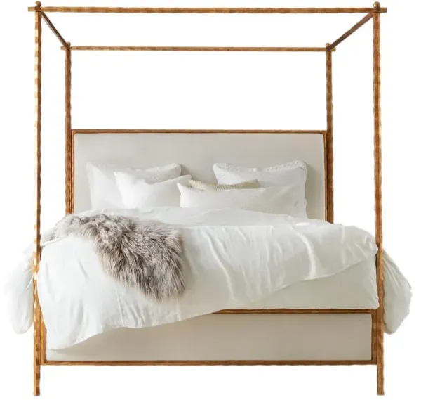 Marilyn Modern Classic Gold Leaf White Linen Upholstered Wood Canopy Bed - King