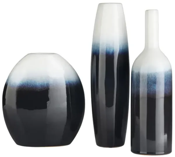Sandra Modern Classic Dark Blue Ombre Ceramic Outdoor Vases - Set of 3