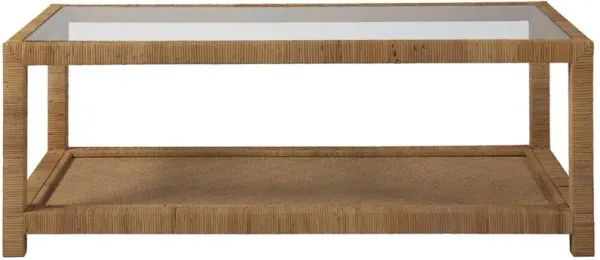 Ariah Coastal Beach Glass Top Brown Rattan Rectangular Coffee Table