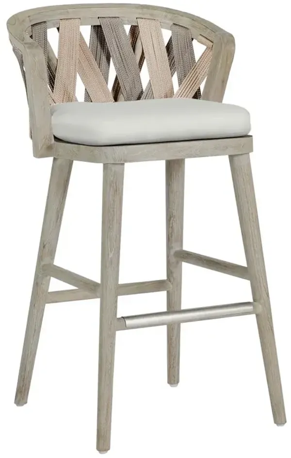 Palecek Boca Coastal Beach White Cushion Grey Teak Woven Rope Outdoor Bar Stool