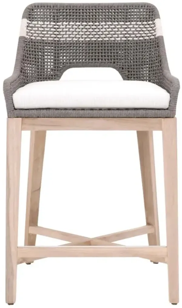 Theodore Coastal Beach Grey Woven Cushion Solid Teak Outdoor Counter Stool