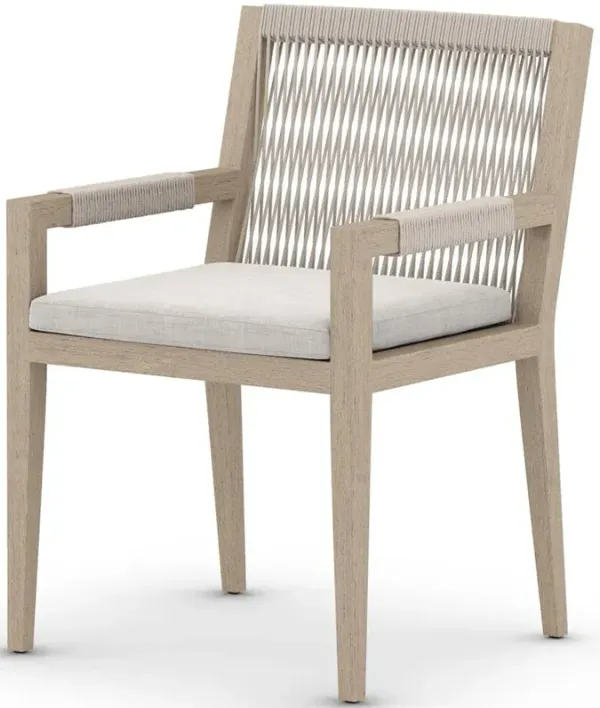 Cheryl Modern Light Grey Cushion Woven Rope Natural Teak Outdoor Dining Arm Chair