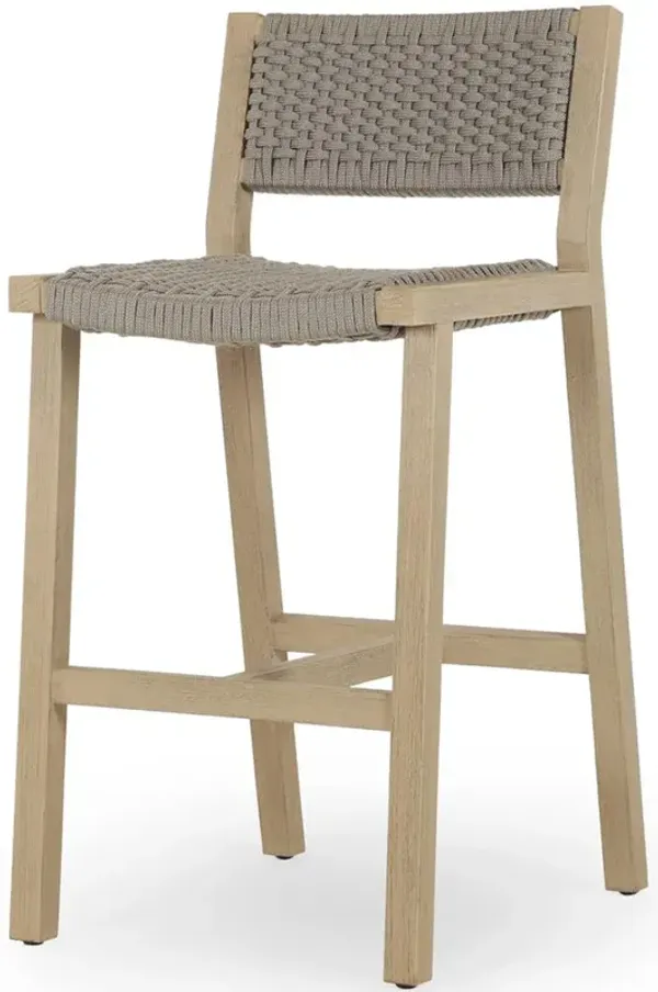 Dion Coastal Beach Light Grey Woven Rope Washed Natural Teak Outdoor Counter Stool