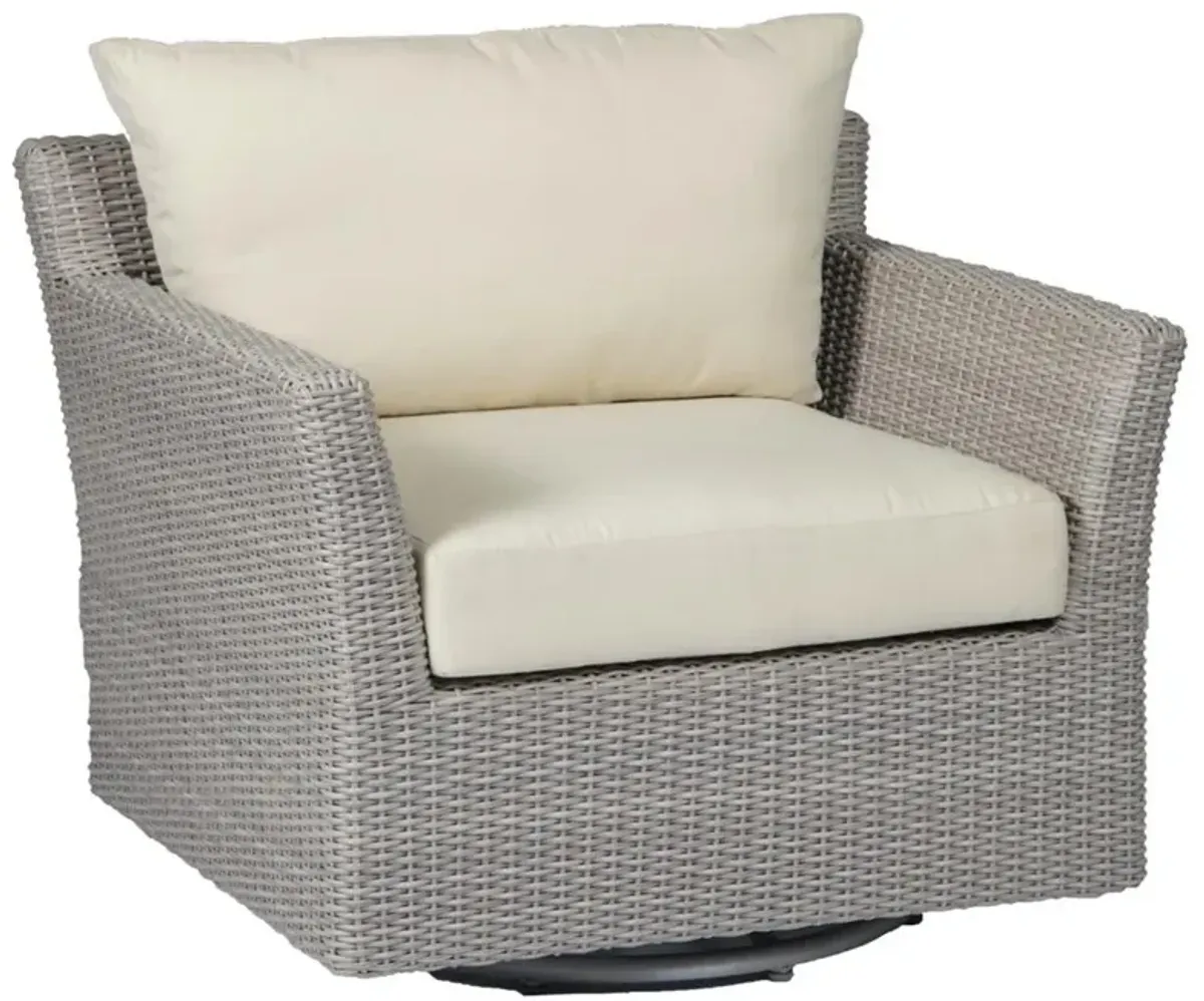 Club Woven Grey Wicker White Upholstered Outdoor Swivel Glider Chair