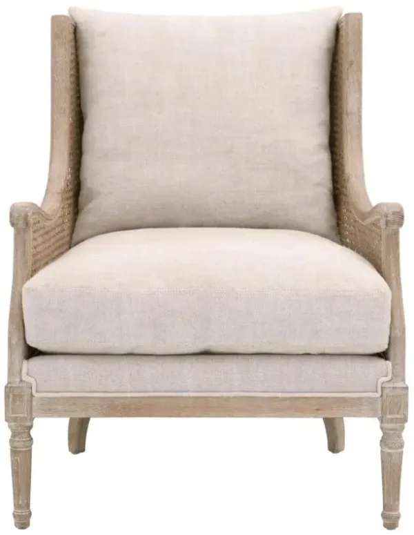 Beau French Country Beige Linen Blend Natural Cane Birch Wood Wing Arm Chair
