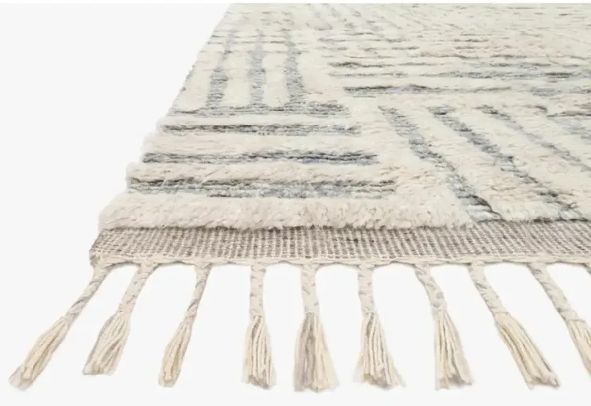 Jaxx Modern Classic Ivory Grey Wool Linear Patterned Shag Hand Knotted Rug - 7'9"x9'9"