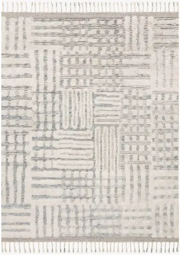 Jaxx Modern Classic Ivory Grey Wool Linear Patterned Shag Hand Knotted Rug - 7'9"x9'9"