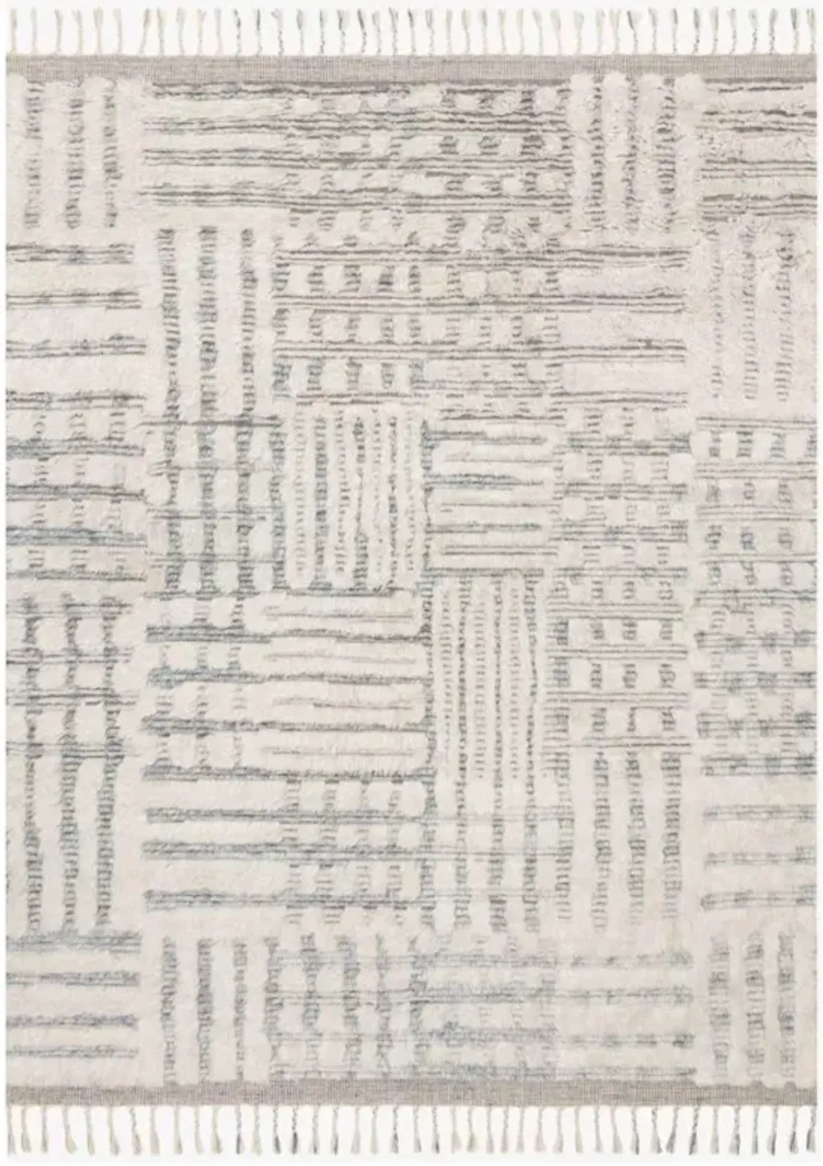 Jaxx Modern Classic Ivory Grey Wool Linear Patterned Shag Hand Knotted Rug - 9'6"x13'6"