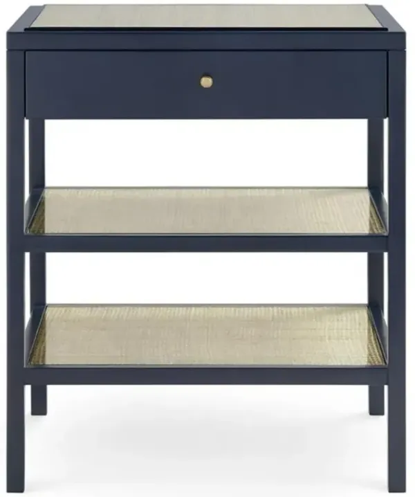 Caanan Modern Dark Blue Wood Woven Cane Shelves Side End Table