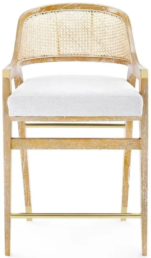 Edward Coastal White Linen Natural Mahogany Woven Cane Counter Stool