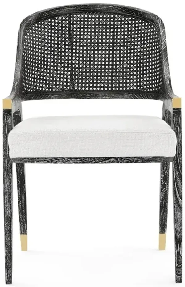 Edward Coastal White Linen Upholstered Black Mahogany Dining Arm Chair