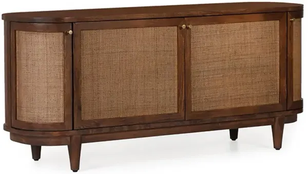 Daphne Mid Century Dark Acacia Wood Woven Cane Rattan 4 Door Media Cabinet - 68"W