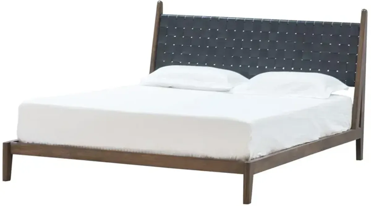 Darcie Mid Century Brown Teak Woven Leather Headboard Bed - King