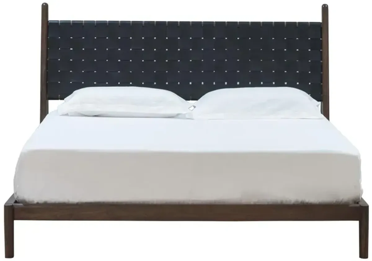 Darcie Mid Century Brown Teak Woven Leather Headboard Bed - King