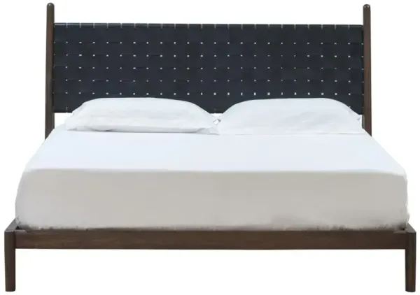 Darcie Mid Century Brown Teak Woven Leather Headboard Bed - King