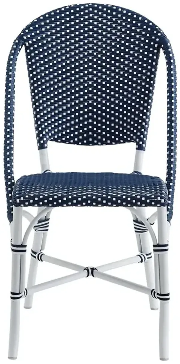 Gene Coastal Beach Navy Blue Faux Rattan White Aluminum Frame Outdoor Dining Chair