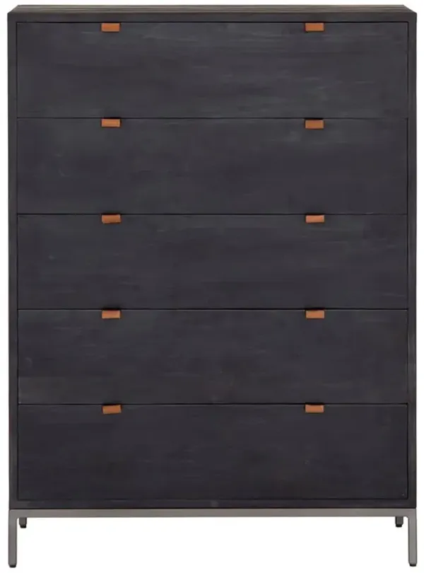 Theodore Industrial Loft Black Wood Leather Pull 5 Drawer Dresser
