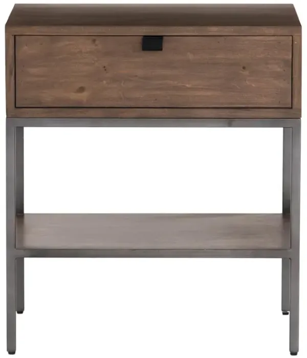 Theodore Industrial Loft Brown Wood Grey Iron Leather Pulls 1 Drawer Nightstand