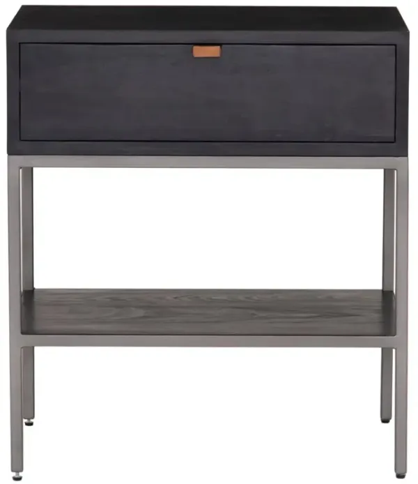 Theodore Industrial Loft Black Wood Grey Iron Leather Pulls 1 Drawer Nightstand