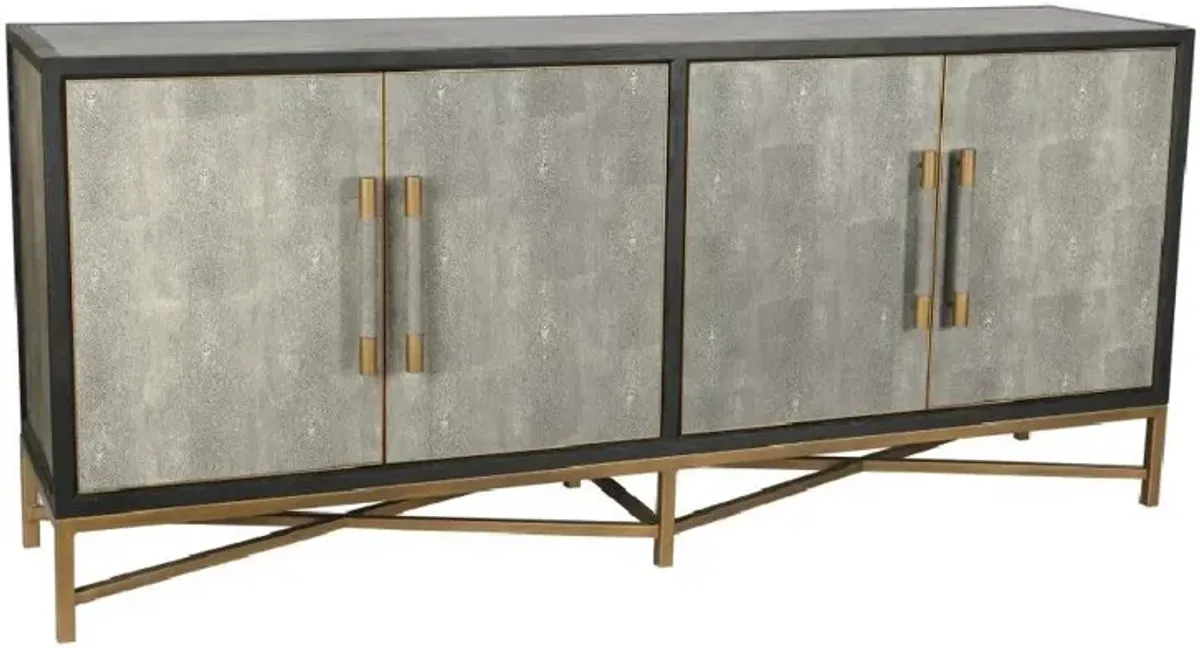 Myla Hollywood Grey Faux Shagreen Wrapped Oak Wood Brass Sideboard Buffet