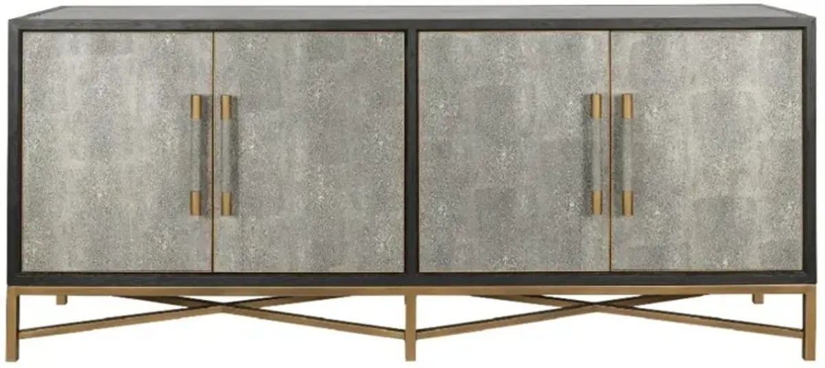 Myla Hollywood Grey Faux Shagreen Wrapped Oak Wood Brass Sideboard Buffet