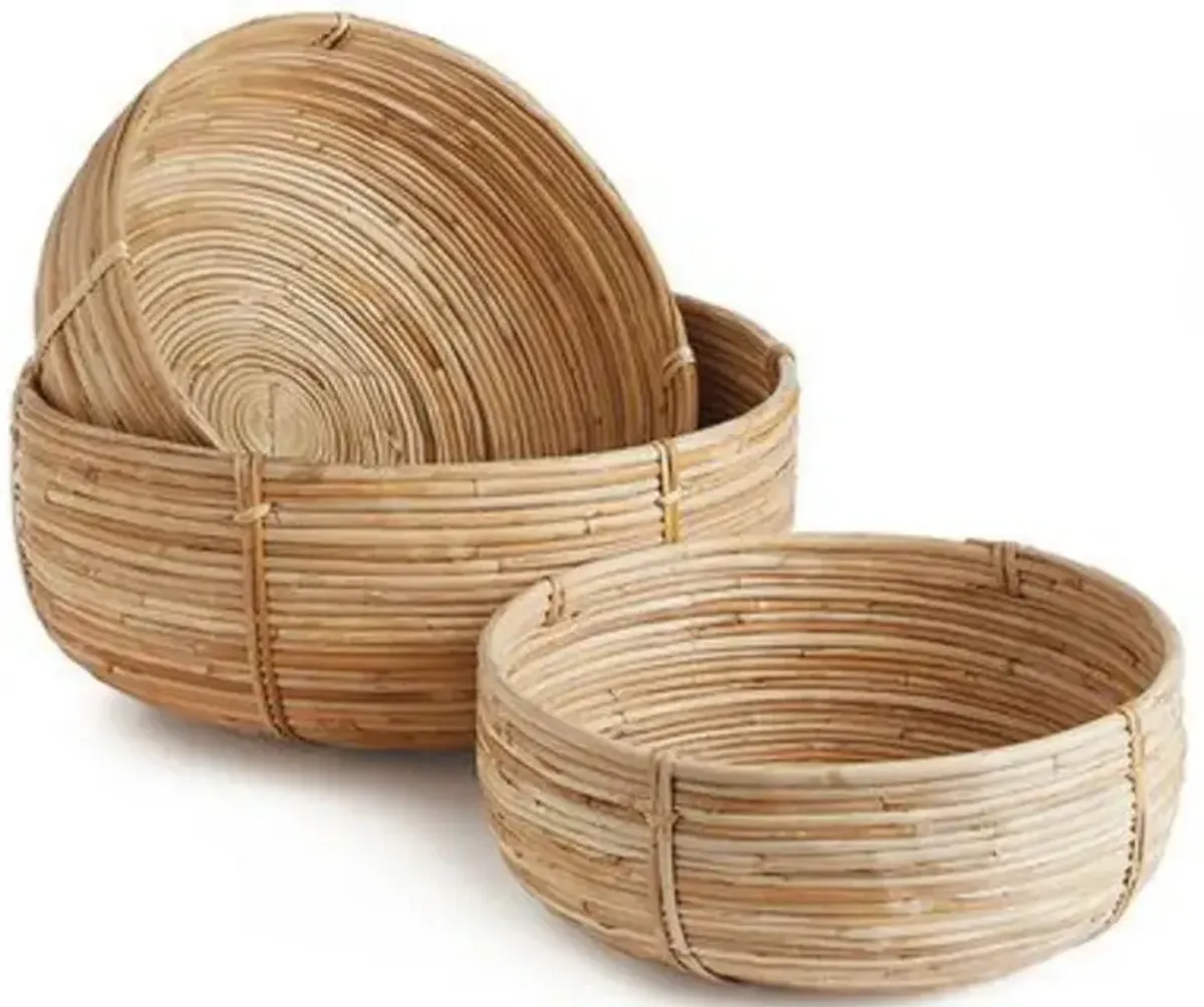 Calle Coastal Beach Brown Woven Rattan Low Baskets - Set of 3